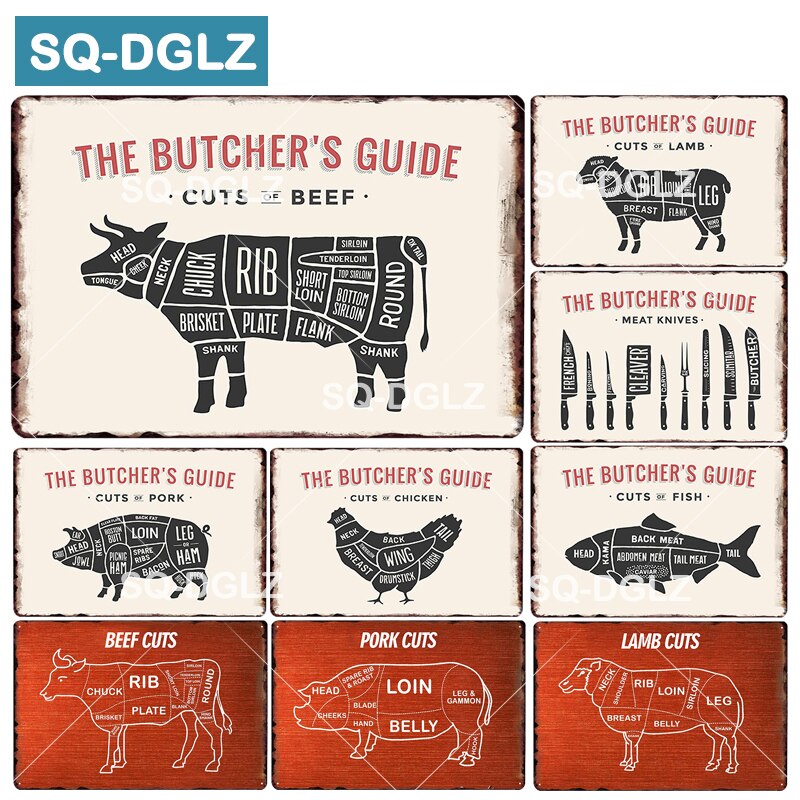 [sq-dglz] slakterens guide metall blikkskilt biff/gris/fisk/lam/kylling/svinekjøtt plakett maling veggdekorasjon maleplaketter