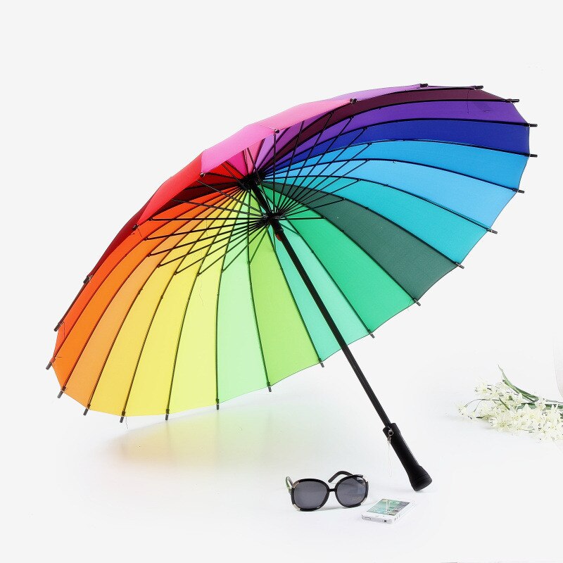 24K Rib Color Rainbow Long Handle Straight Anti-Uv Sun/Rain Stick Umbrella Manual Big Parasol
