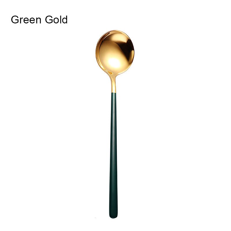 Stainless Steel Spoon Korean Style Spoon Household Exquisite Long Handle Spoon Soup Bibimbap Spoon JW: Green gold