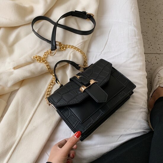 Kamienna skóra ekologiczna z wzorem jednokolorowe torebki Crossbody dla kobiet 2019 mini-łańcuch torba na ramię dama torebki: czarny