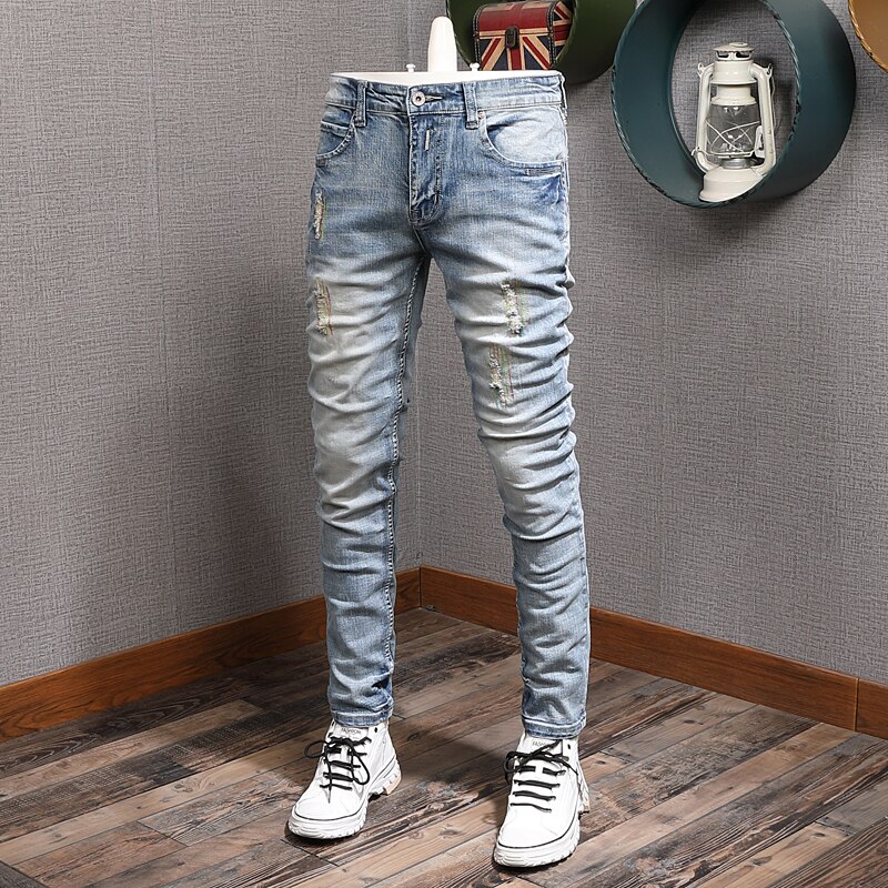 Korean Style Men Jeans Light Blue Embroidery Patches Ripped Denim Trousers Streetwear Elastic Cotton Slim Pants: 38