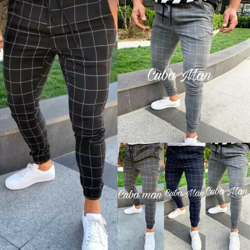 Pantalon de survêtement à carreaux pour homme, bas de jogging moulant, Streetwear, à la