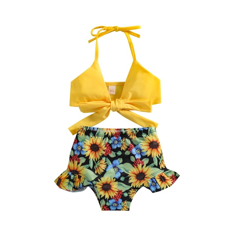 1-5Y Girls Swimwear Kids Bikini Sets 2022 Summer Halter Bowknot Floral Ruffle Two Piece Swimsuit Baby Bathing Suits Beachwear: 2T