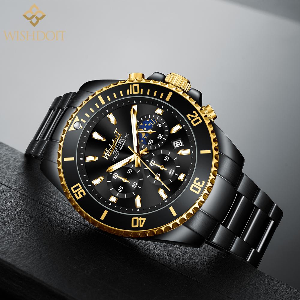 WISHDOIT-nuevos relojes para hombre, lujosos, a la , luminosos, a prueba de agua, cronógrafo, fase lunar, calendario, reloj de cuarzo de acero inoxidable