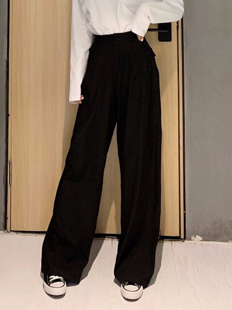 2021 pantaloni a gamba larga dritti selvatici retrò in tinta unita primavera femminile nuova moda coreana pantaloni lunghi Casual a vita alta: Black / M