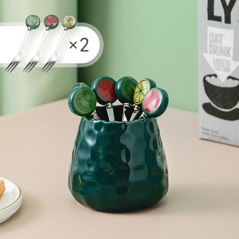 Fourchettes à fruits créatives en acier inoxydable, 7 pièces, service de couverts, fourchettes avec support en céramique pour pique-nique à la maison: Green with 6 forks
