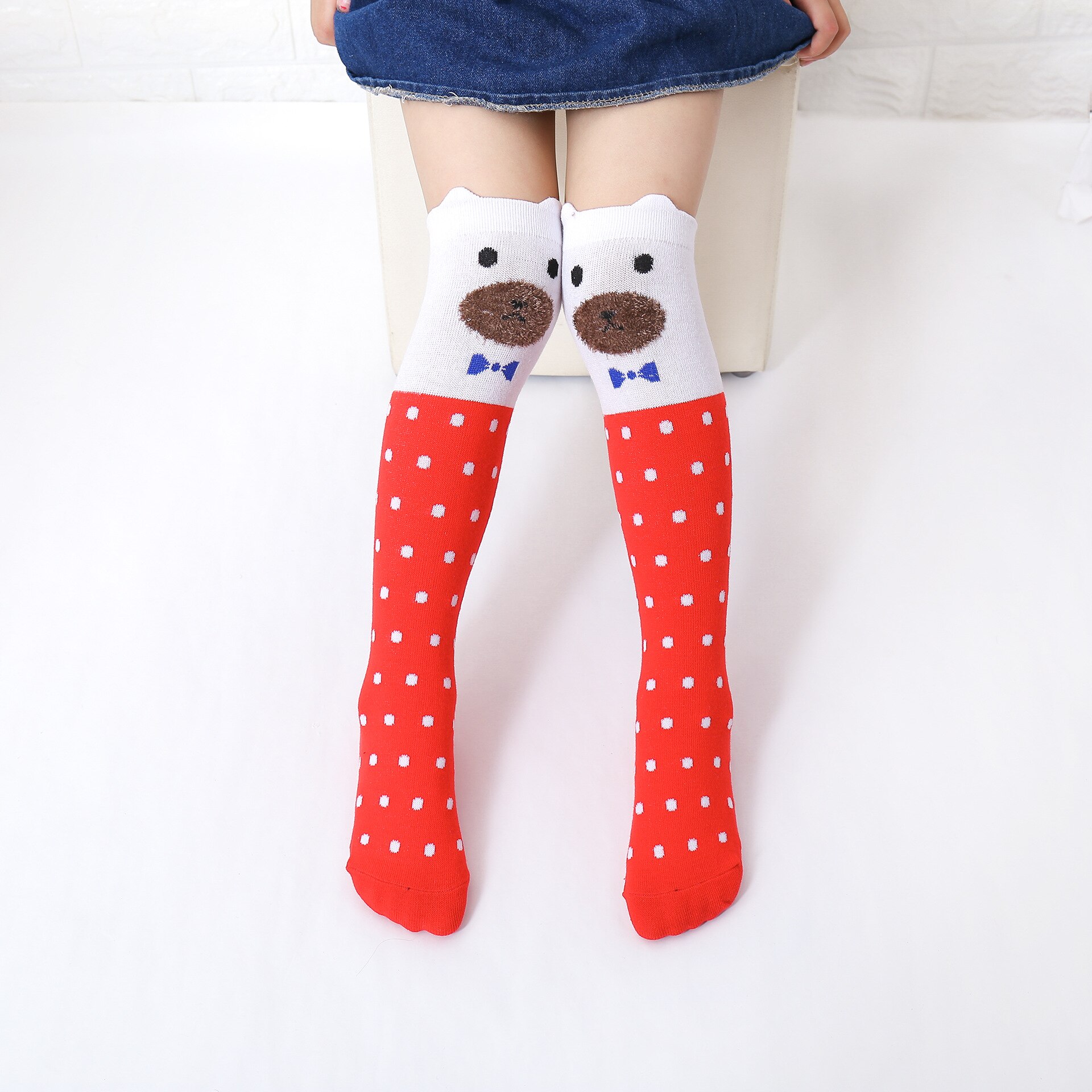 Baby ting tilbehør spædbørn børn baby piger drenge strømpe tegneserie dyr lang leggingsvarmer 3d ører strømpehus til 3-12t: Hvid rød bjørn