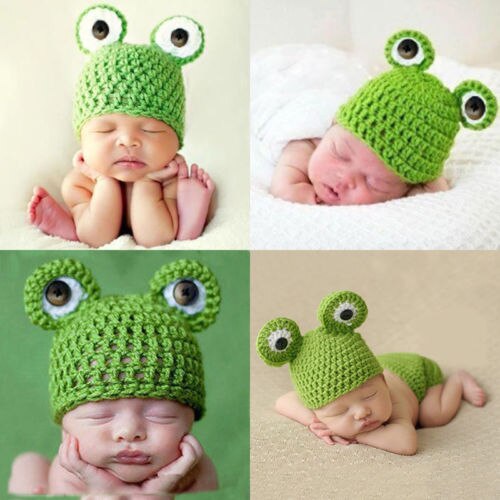 Nette Neugeborene Baby Jungen Mädchen Gestrickte Häkeln Beanies Caps Kostüm Hut Frosch Fancy Stretch Beanie Fotografie Kappen Hut