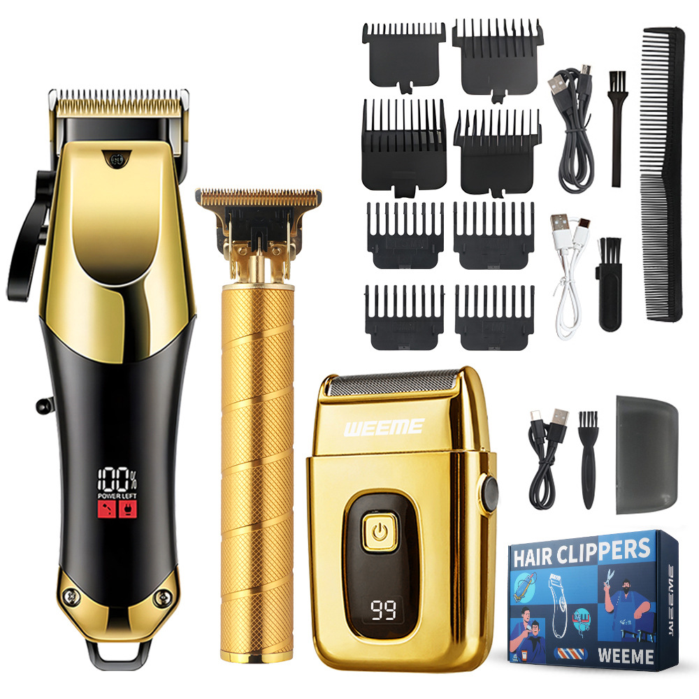Pflegeset für Herren, 3-teiliges Set, goldene schwarze Haarschneidemaschine mit LCD-Display, wiederaufladbar über USB, 8 Führungskämme, Trimmer und Rasierer: Default Title