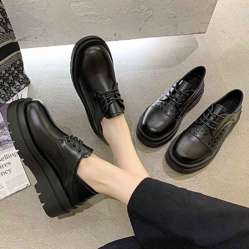Höst kvinnor platå läderskor svart snörning oxford skor tjock sula kilar dam skor zapatos mujer spring 8765n
