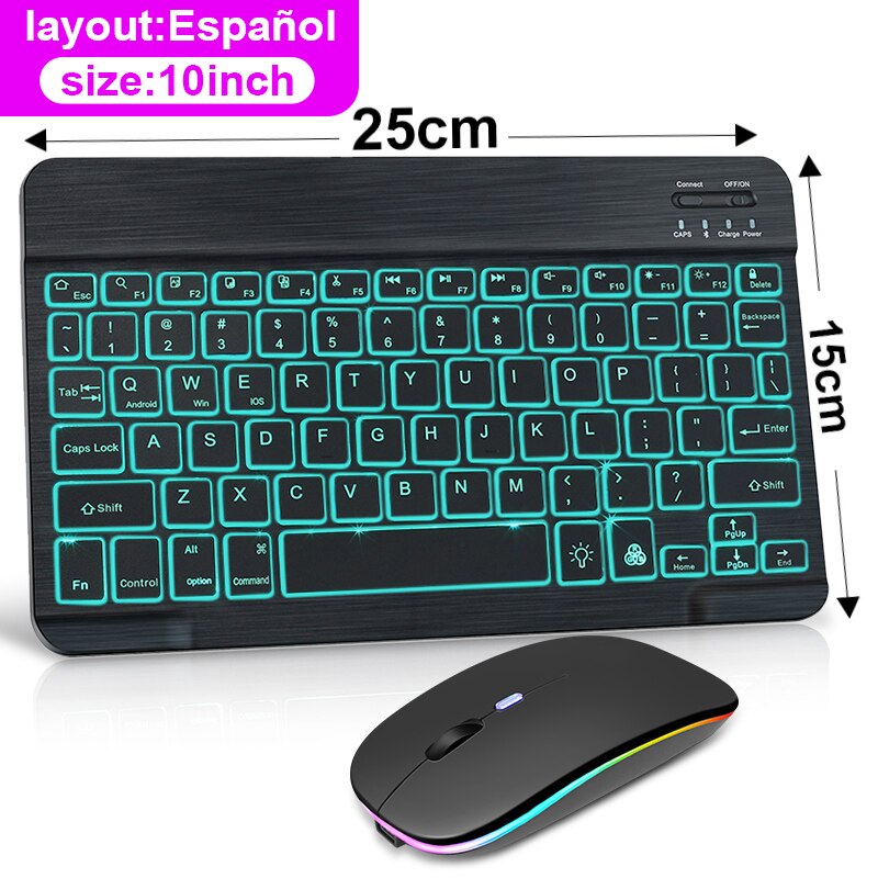 LED Bluetooth Keyboard Wireless RGB Keyboard And Mouse Spanish Mini Backlight Russian keyboard For Phone Tablet ipad pro 11: Spainish