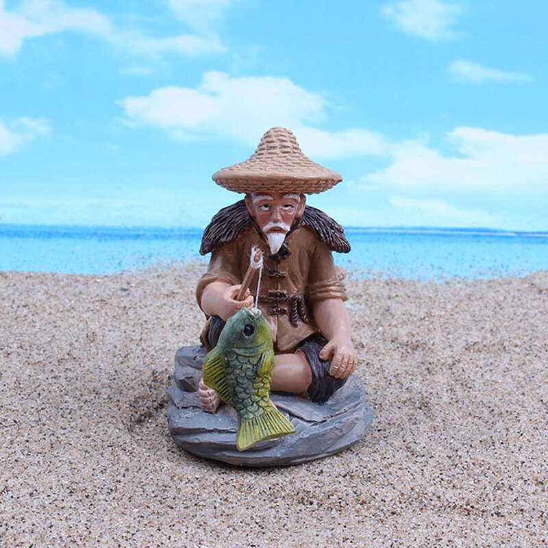 Vissen Oude Man Figuur Standbeeld, Zitten Tuin Ornament Voor Outdoor Zwembad Micro-Landschap Bonsai Tuin Ambachten Beeldjes