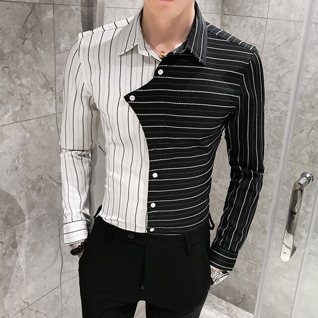 Randig skjorta herr långärmad slim fit svart vit kontrastfärg patchwork camisa hombre casual koreanska höstskjortor  v210: M 48kg-52kg