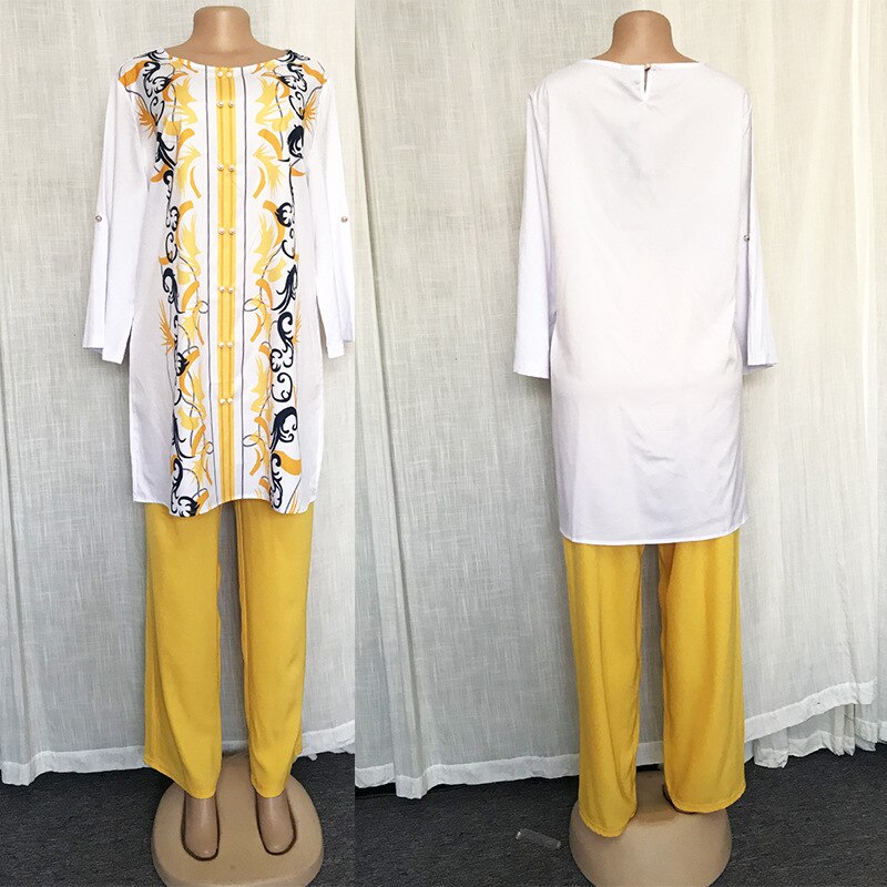 Two Piece Set Africa Clothes African Dashiki Flower Print Suit Top Trousers Super Elastic Party For Women Outfits