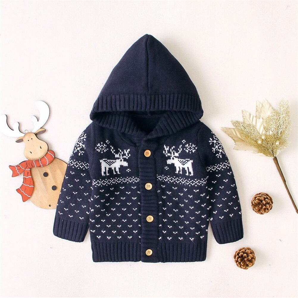 Pudcoco Autumn Winter Newborn Baby Boy Girl Clothes Fawn Print Knitted Cotton Coat Jacket Hooded Button Outwear Clothes: Navy Blue / 18M