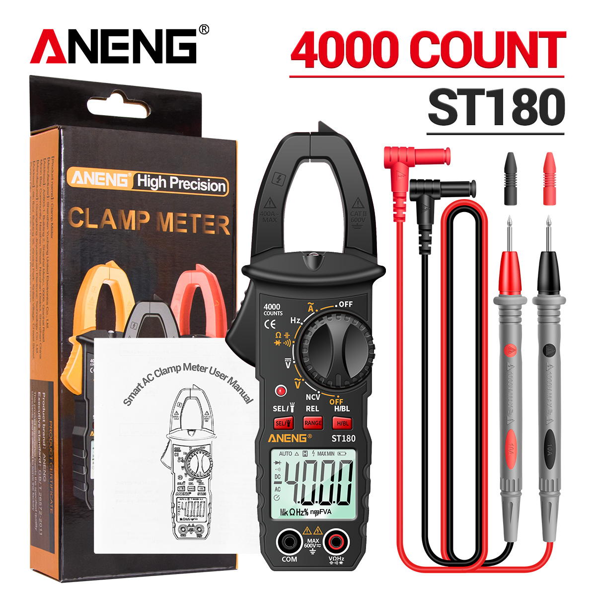 ANENG ST180 pince multimètre numérique 4000 points ampèremètre de courant alternatif multimètre testeur de tension ampli de voiture Hz capacité NCV Ohm outils: Black