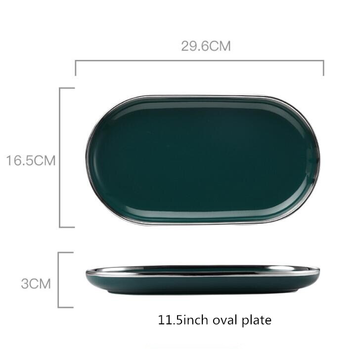 Zilveren rand retro nordic light luxe keramisch servies donkergroen servies serie hotel servies set westerse gerechten 1pc: 11.5 inch ovaal bord