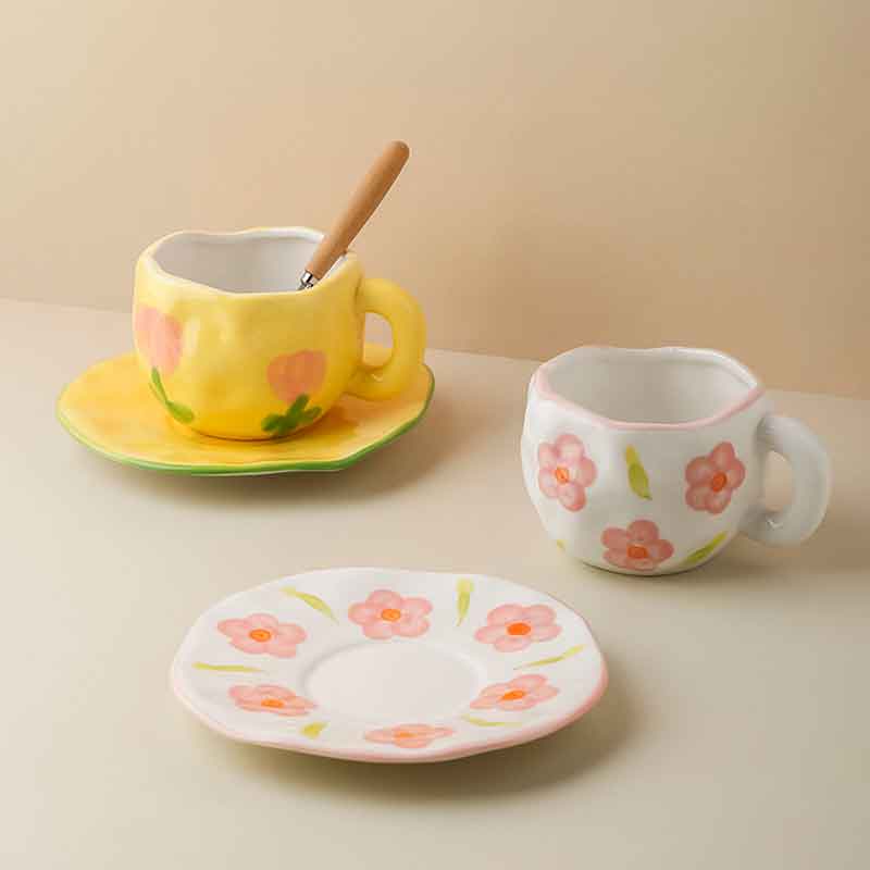 Hand Painted Cloud Coffee Cup and Saucer Handmade Irregular Ceramic Cup With Saucer Tulip Flower Tea Milk Mug Tableware