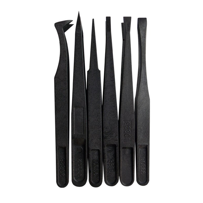 FIXFANS 6Pcs Black Precision Plastic Tweezers Kit Anti static Tweezers Set Pickup Clamp for Craft Electronics DIY Repair Tool