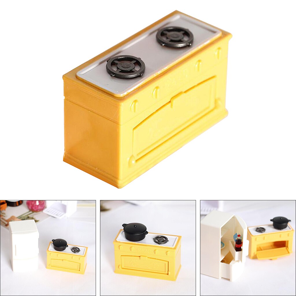 1:12 Scale Doll House Modern Miniature Plastic Kitchen Fridge Refrigerator Stove Burners Furniture Set for OB11 Dolls Decorative