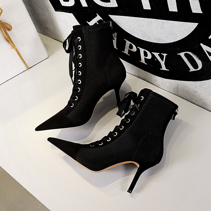 patchwork Ankle Boots Women zip Pointed Toe shoes High Heels cross strap short boot black Zapatos De Mujer: 9