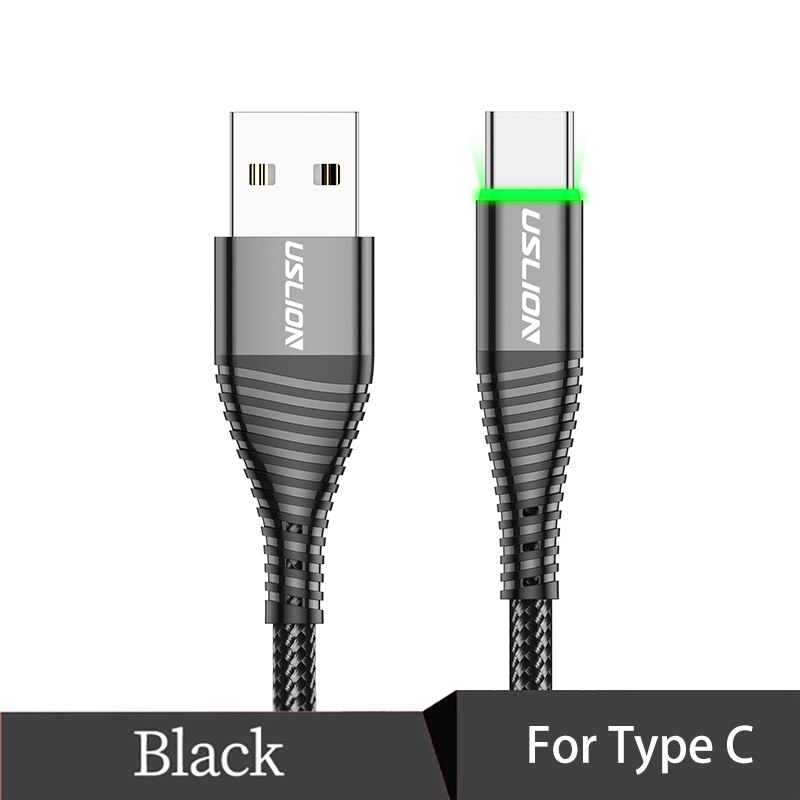 USLION USB Type C LED Fast Cable For Samsung S10 S9 Redmi note 8 pro Phone 3A Fast Charging USB-C Charger Wire Charger Data line: Black