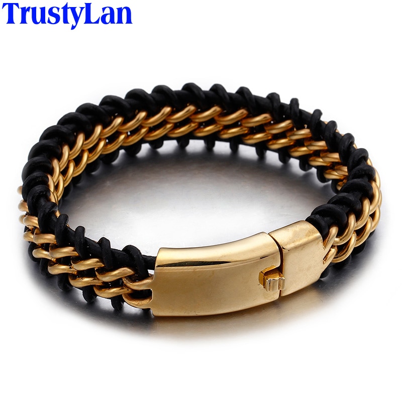 Trustylan Goud Kleur Roestvrij Staal Lederen Armband Mannen 18 Mm Breed Heren Lederen Armbanden Sieraden Polsband
