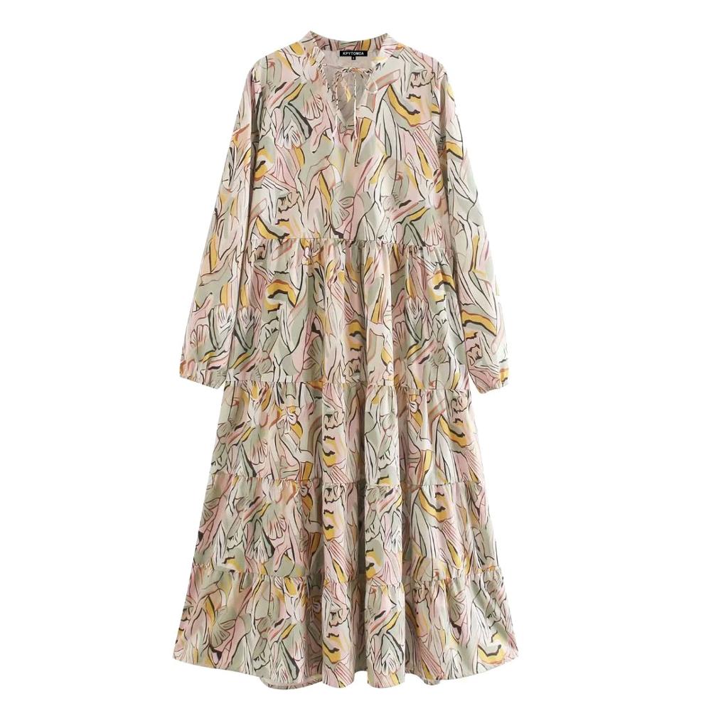 Kpytomoa dames chique geprinte geplooide midi-jurk vintage geknoopte hals lange mouwen damesjurken vestidos mujer: S