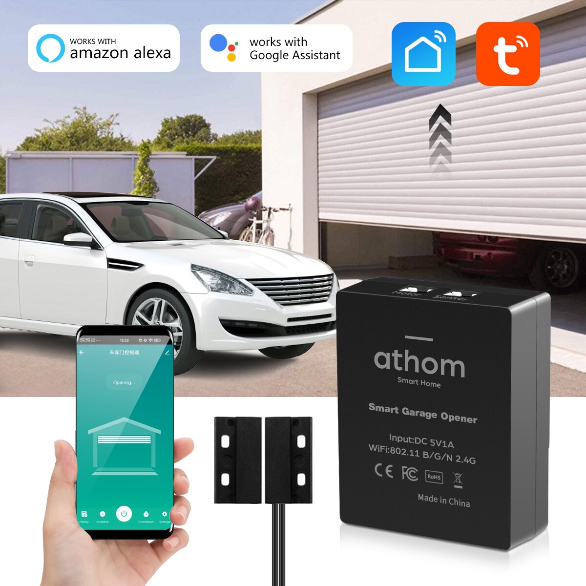 Sensor de apertura de puerta de garaje Apple Homekit, interruptor Wifi, Control por voz Siri, Tuya Smart Life, compatible con Alexa y Google Home
