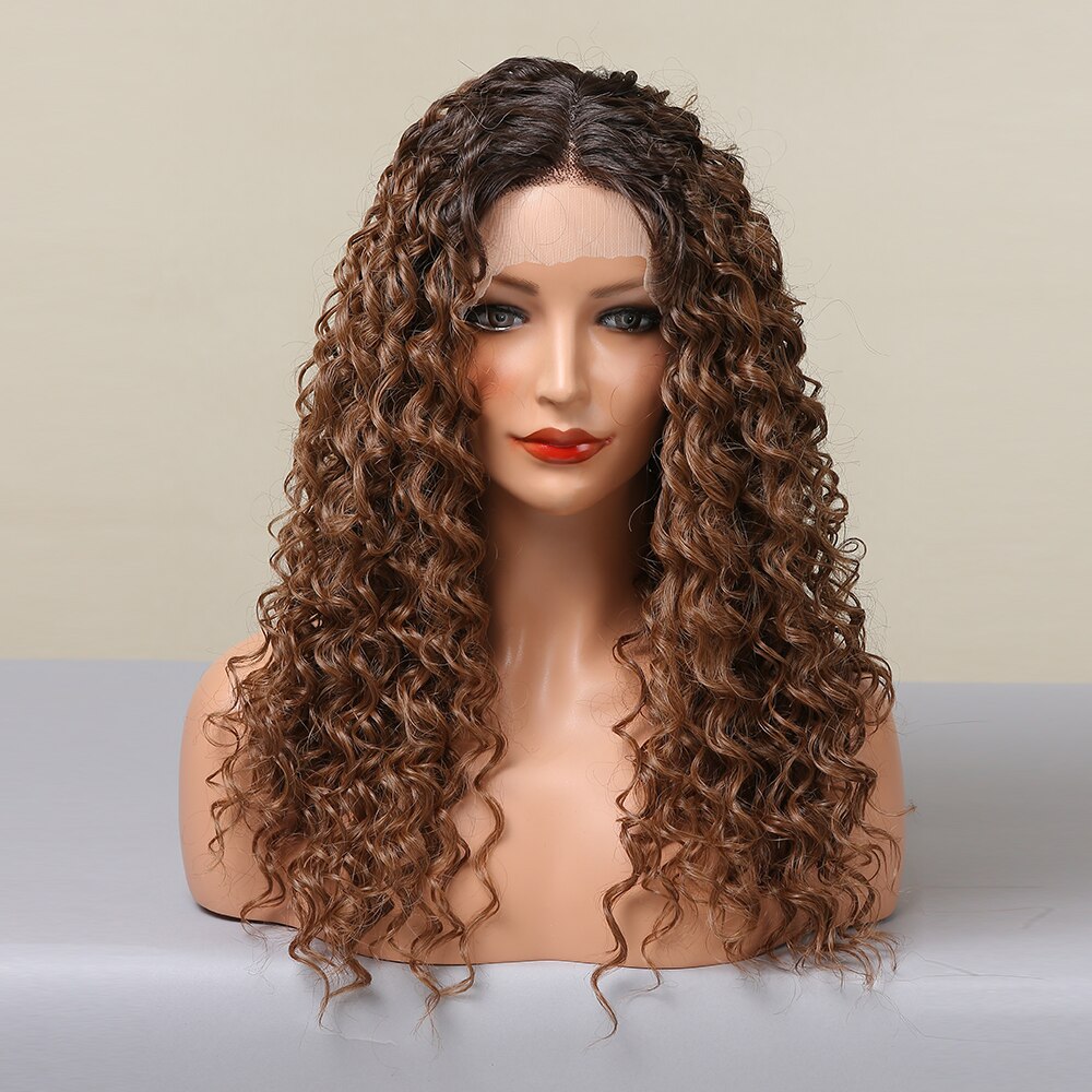 LOUIS FERRE – perruque Lace Front Wig synthétique brun ombré 13*1 T, perruque mi-longue, Deep Curly, résistante à la chaleur pour femmes claires
