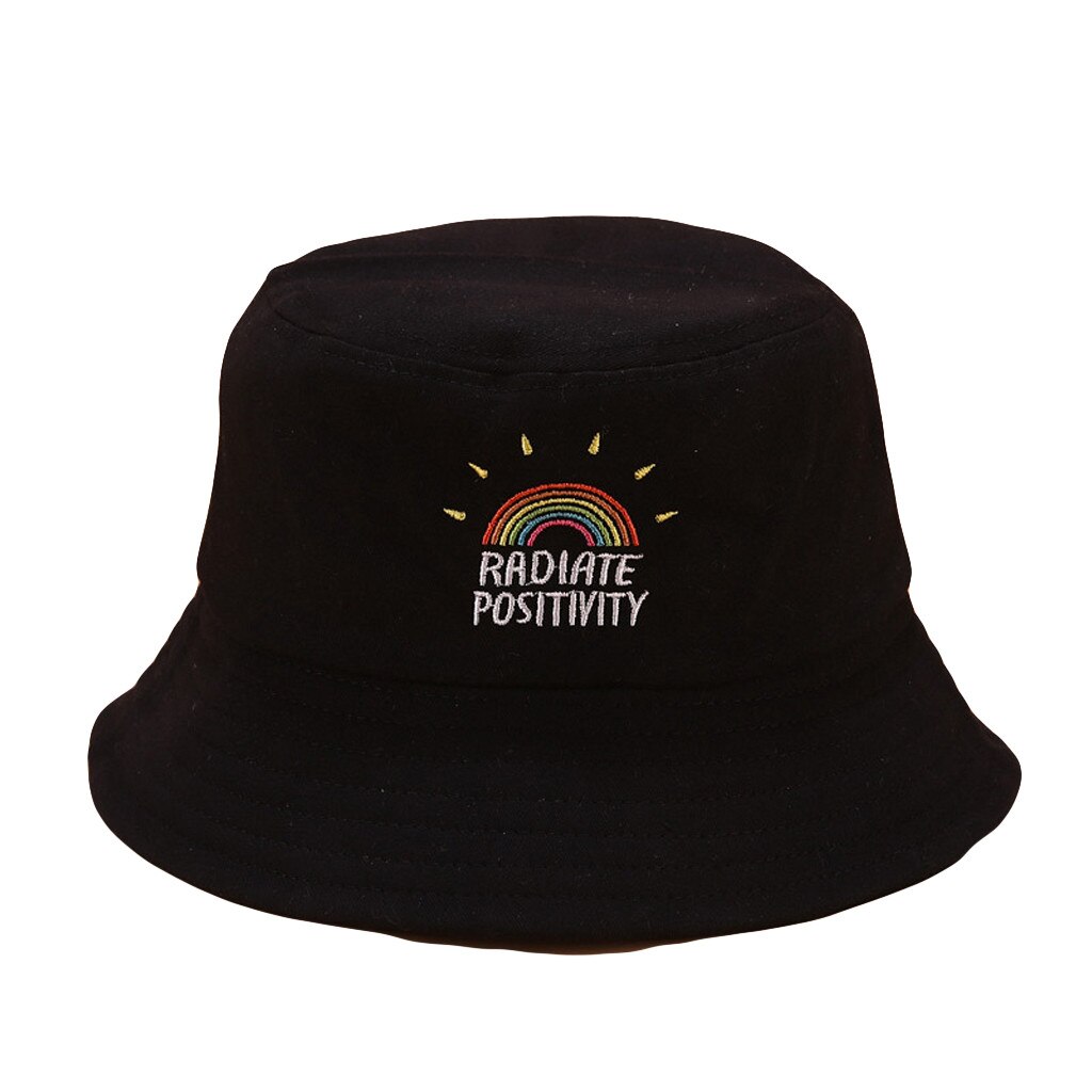 Kvinder regnbue print lærred foldbar udendørs spand hat sol hat cap: Sort