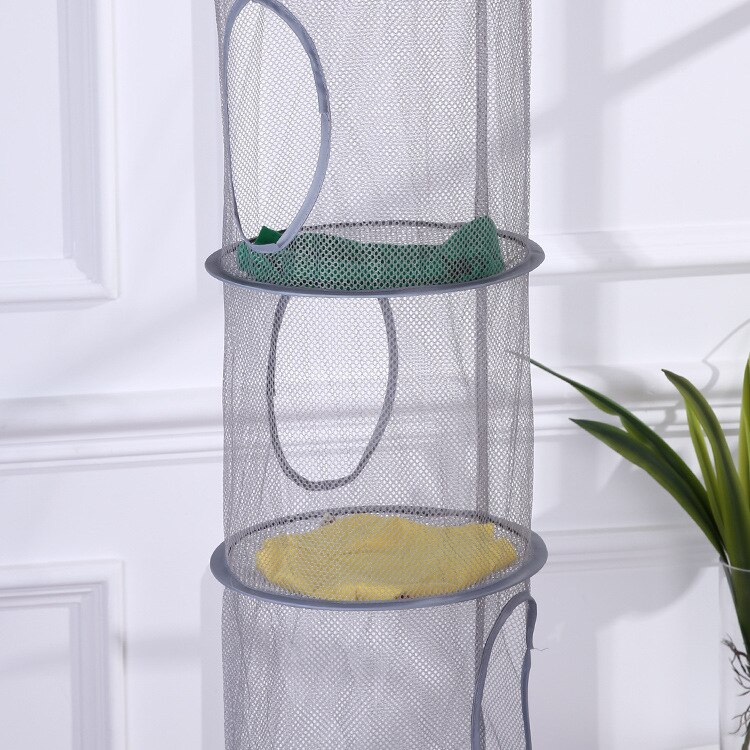 Colorful Collapsible Storage Net Hanging Basket, Breathable Four-lattice Air Drying Cylindrical Basket, Blue/ Yellow/ Grey
