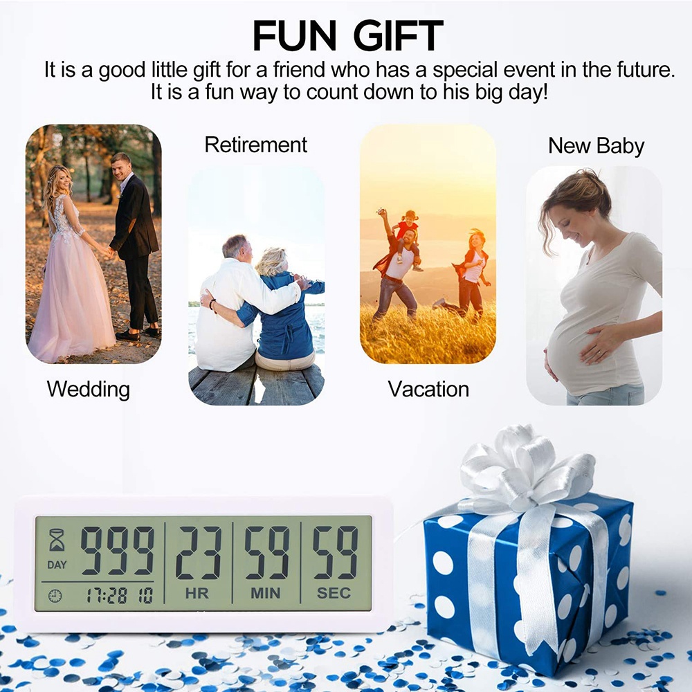 Big Digital Countdown Days Timer Clock - 999 Days Count Down Clock Timer for Graduation Lab Kitchen (White)