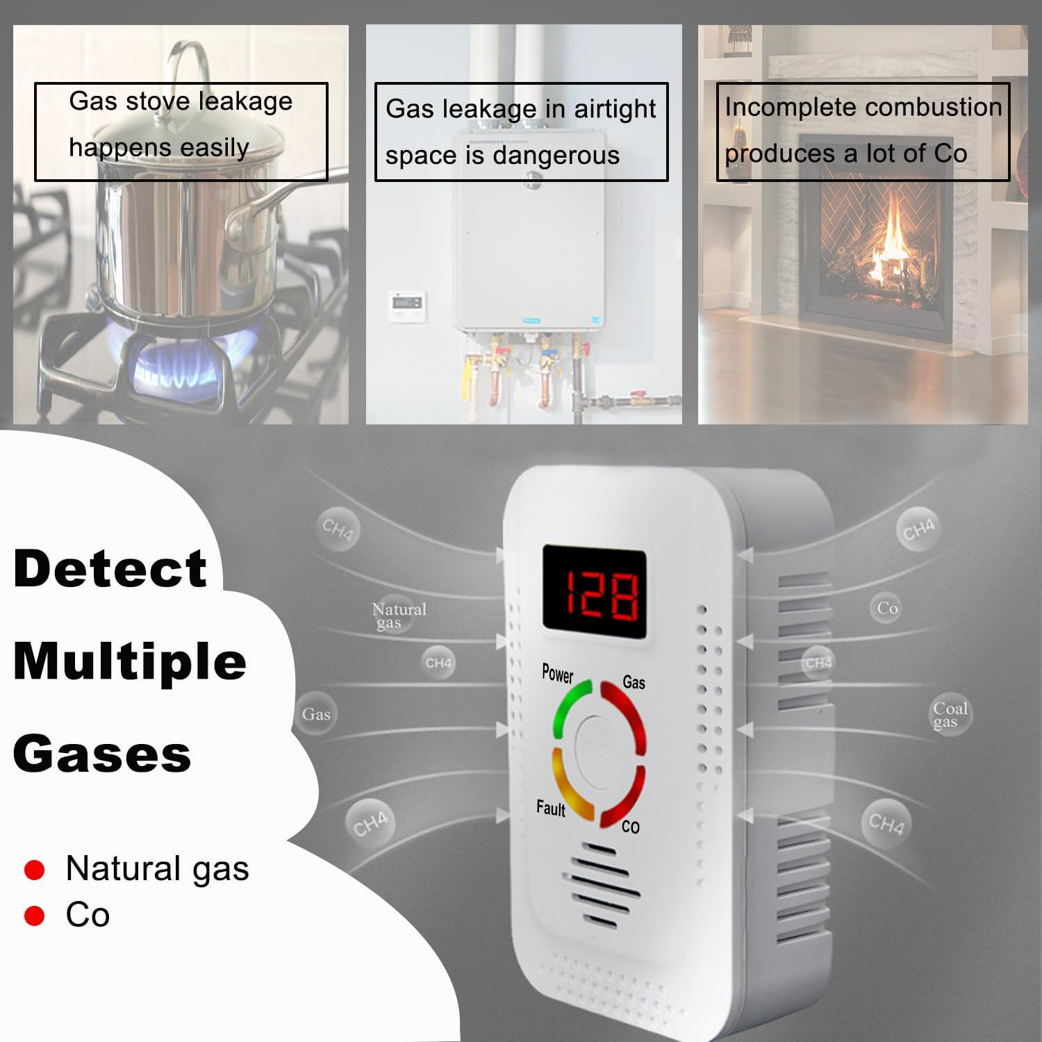 Détecteur de Gaz Naturel et de Monoxyde de Carbone, Détecteur de Fuite de Gaz Combusemballages, Moniteur pour Gaz, Co, Méthane (CH4) dans la Cuisine