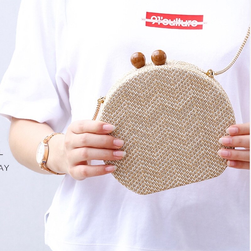 Rund vævet håndtaske banket kobling kvinde crossbody tasker til kvinder cirkulære strip skuldertasker harpiks rem træ håndtag