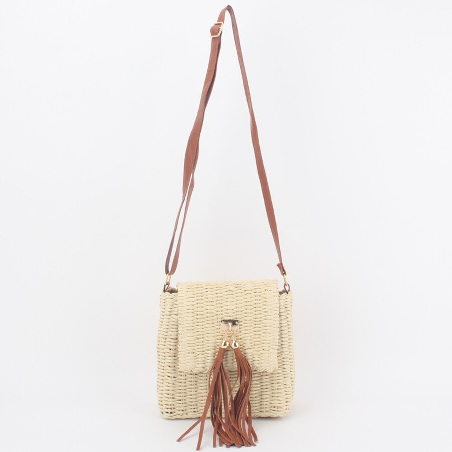 Bolso de mimbre de paja tejida para mujer, bolso de hombro con solapa, informal, pequeño, de borla, para playa, cruzado, para verano,
