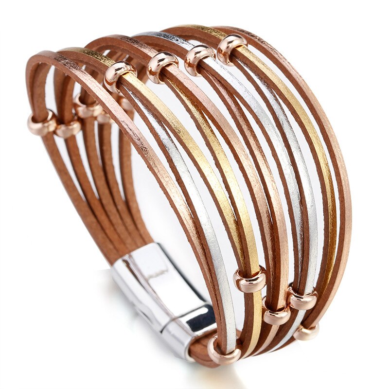 Amorcome Simple Boho Cross Net Hole Leather Bracelets for Women Crystal Metal Beads Multilayer Wide Wrap Bracelet Female Jewelry: champagne Gold