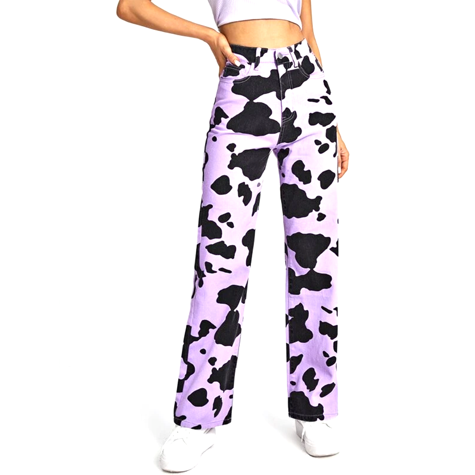 Pantalones vaqueros con estampado de vaca y leche para mujer, vaqueros de cintura alta, ajustados, rectos, informales, Harajuku
