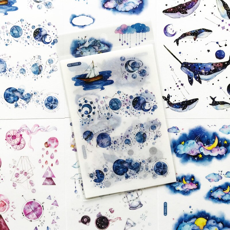 Autocollant de décoration ciel étoilé nuit, planète lune baleine, étiquette autocollante pour journal intime, Scrapbooking, 6 feuilles/paquet