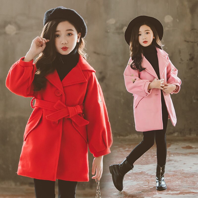 Girls Wool Long Coats with a Belt Teen Winter Coat Belted Quilted Bee Pattern Clothing For Kids Trench Coat Belt Buckles