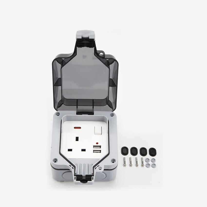Outdoor Wall Switch & UK Outlet Combo with 2 USB Ports, Waterproof Flip Cover, 4 in 1 Receptacle, 13A AC Outlet Wall Plug