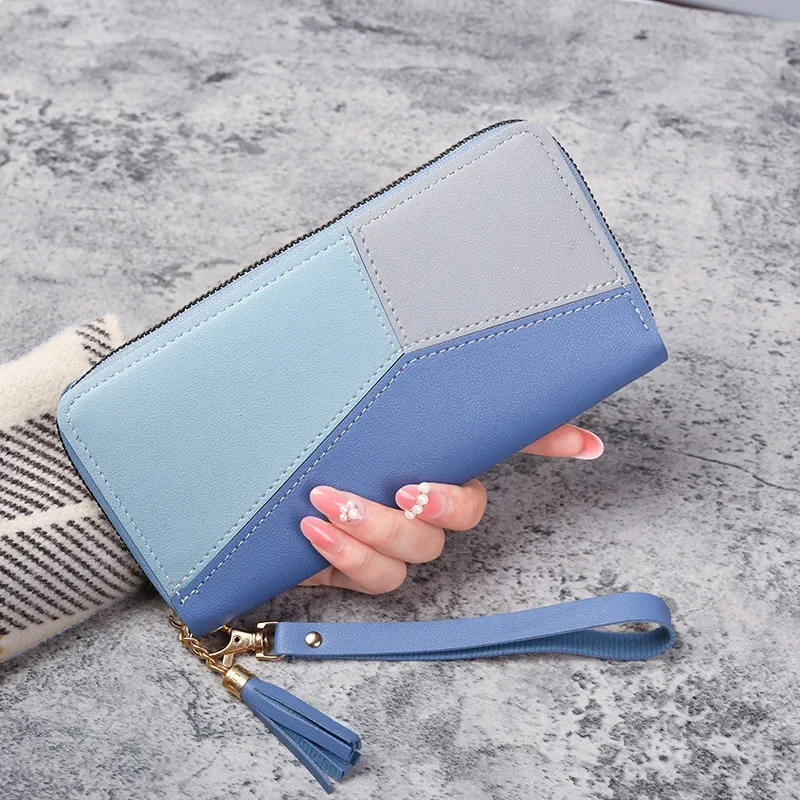 Punge med lynlås møntpung dame lange korte punge håndtasker kvinder clutch kortholder pu læder pengepung seddelpung: Himmelblå