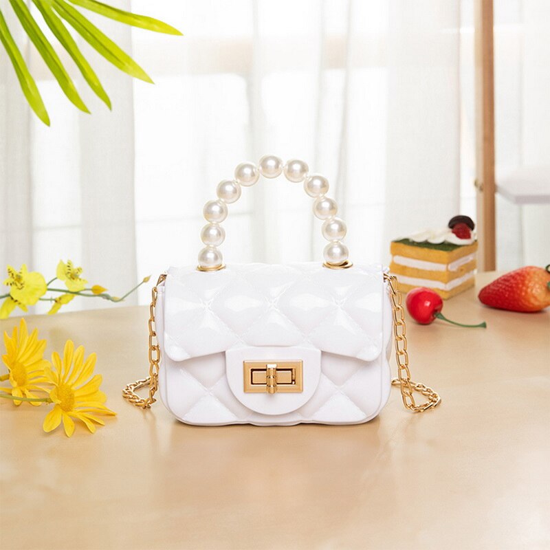 Mini bolso de mano con cadena para mujer, bandolera de PVC con cadena para chica, bandolera con rombos y perlas