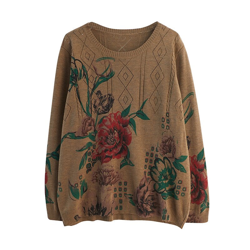 Suéteres de punto para mujer, ropa de manga larga con cuello redondo, estampado de Nuevas flores a la , talla grande, primavera y otoño