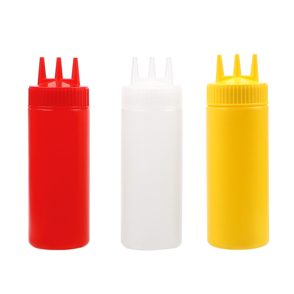 3 agujeros 350ml giro tapa botella de apretón botella de plástico de alimentaria Ketchup mostaza Mayo salsas botellas de aceite de oliva utensilios de cocina