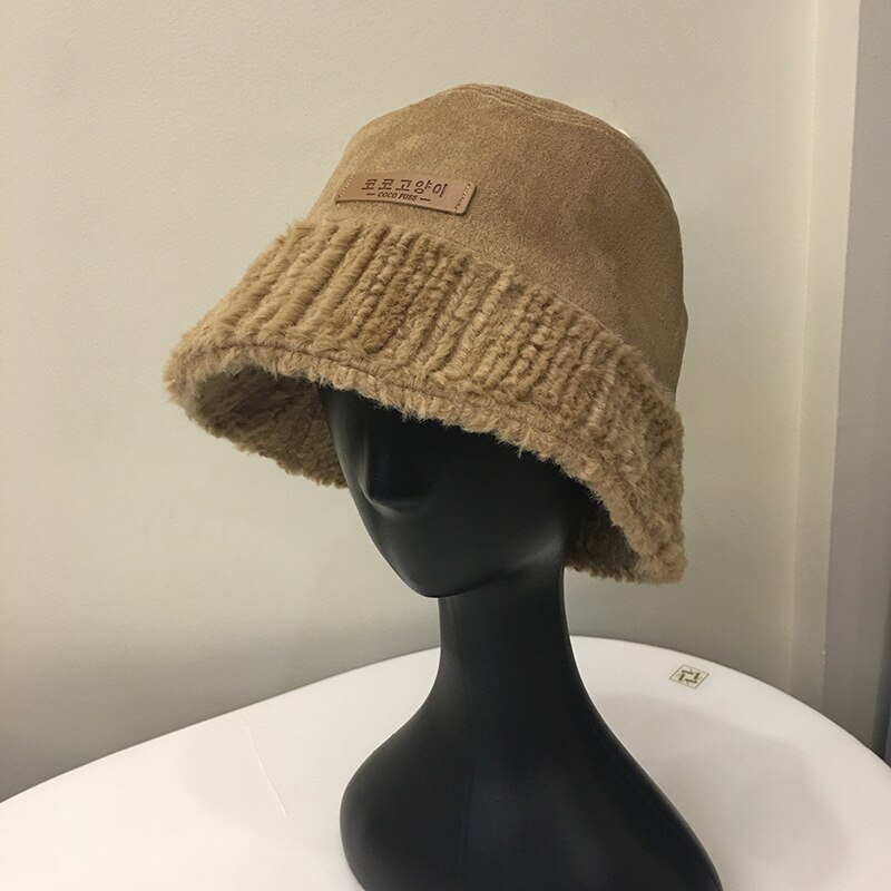 202012-Js Herfst Lente Suede Splicing Pluche Rand Emmer Cap Mannen Vrouwen Leisure Vissers Hoed: Khaki