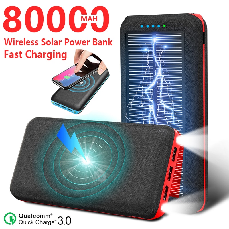 80000Mah Qi Wireless Solar Power Bank Voor Xiaomi Samsung Iphone Draagbare Oplader 3USB Telefoon Oplader Outdoor Reizen Powerbank