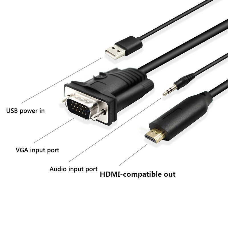 1.8m vga-hdmi-kaapeli vga 2 hdmi audio-videosovitin, 3.5mm ääntä full  hd 1080p hdtv-tietokoneeseen