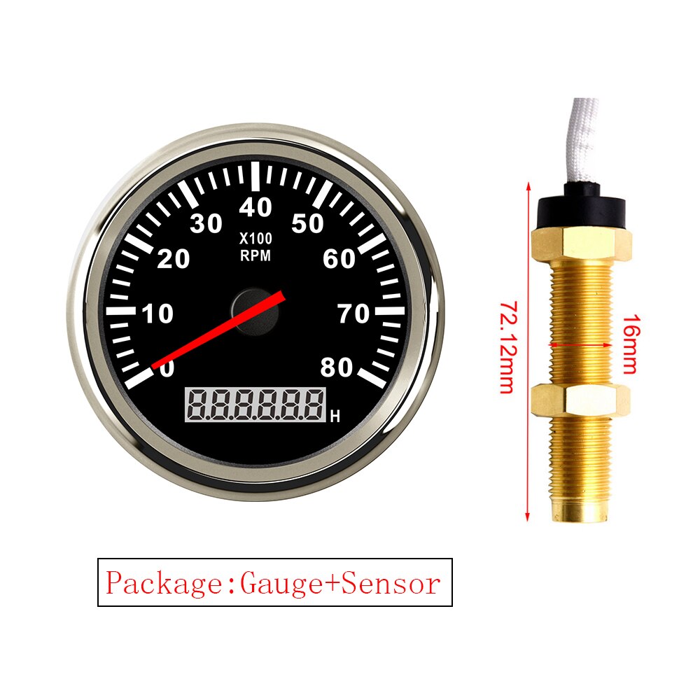 85MM Gauge with Tacho Sensor M16 for Gasoline Diesel Engine Tachometer 3KRPM 4KRPM 6KRPM 8KRPM With Hourmeter Red Backlight: 8KRPM BS M16