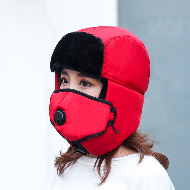 Vinter varm hætte vindtæt hat med åndedrætsventil cykling vindtæt høreværn ansigtsbeskyttelse hovedbeklædning med aftagelig maske: Rød